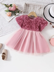 Pink toddler princess dress featuring 3D chiffon floral bodice and layered mesh tutu skirt