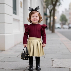 Detail of girls burgundy ribbed knit top and pleated faux leather skirt outfit