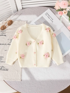 Elegant cream knit cardigan for girls with pink floral applique and tutu skirt set