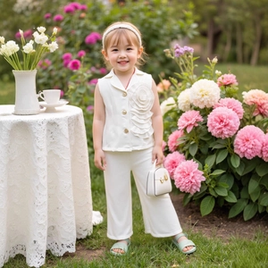 Détail du gilet sans manches avec volants à fleurs 3D et pantalon blanc pour filles
