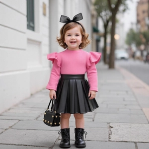 Detail of girls' pink ruffled knit sweater paired with a black pleated leather skirt