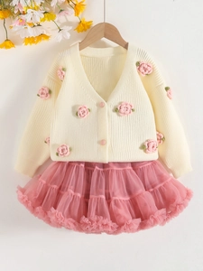 Elegant girls crochet flower cardigan and pink tutu tulle skirt two-piece clothing set
