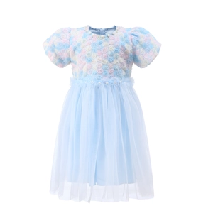 Detail of blue princess dress with 3D floral embroidery and beaded waist accents