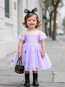 Girls Purple Princess Dress 3D Butterfly Applique Puff Sleeve Mesh Tulle Gown For Birthday Party Wedding Summer Clothing
