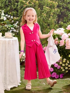 Girls Summer Two Piece Set Sleeveless Double Breasted Vest And Pleated Wide Leg Pants Casual Polyester Outfit Kids Clothes