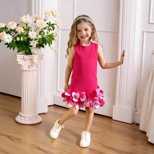Close-up of pink layered petal applique details on sleeveless princess dress hemline