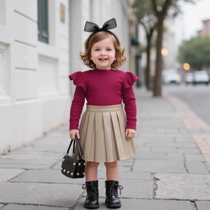 Detail of burgundy ribbed knit top with ruffles and brown faux leather pleated skirt set