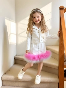 Girls Polyester Sweet Fashion Blazer Jacket And Mesh Tutu Skirt Suit With Floral Decoration For Wedding Party Spring Autumn