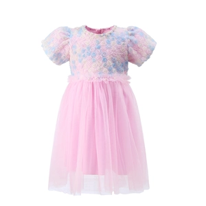 Detailed view of floral embroidery and pearl accents on a pink mesh princess dress