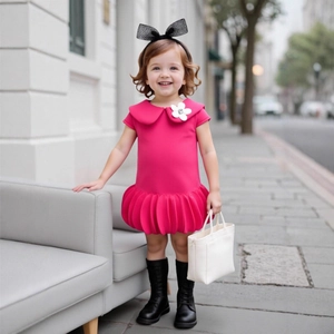Detail of fuchsia puff sleeve dress featuring Peter Pan collar and 3D floral accent