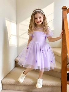 Girls' purple tulle princess dress with 3D butterfly appliques and puffed short sleeves