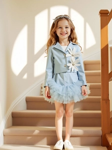 Girl's light blue long sleeve blazer and tulle skirt set with 3D floral appliques