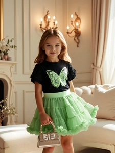 Ensemble 2 Pièces pour Filles T-Shirt à Motif Papillon et Jupe Tutu en Maille Superposée Vêtements de Princesse pour Enfants