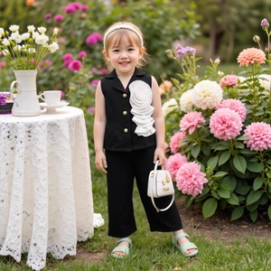 Détail d'un gilet noir pour fille avec grande fleur 3D et boutons dorés chics