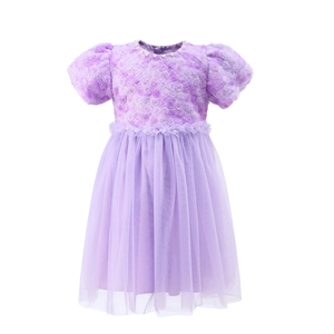 Close-up of purple princess dress with 3D floral texture and pearl embellishments