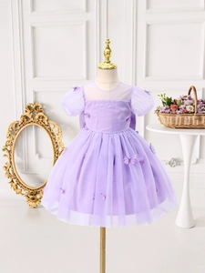 Elegant purple butterfly princess dress for girls with layered mesh and puff sleeves