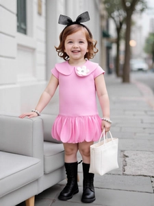 Sweet Girls Bubble Hem Princess Dress Peter Pan Collar Short Sleeve Flower Decoration Preppy Style Kids Party Dress