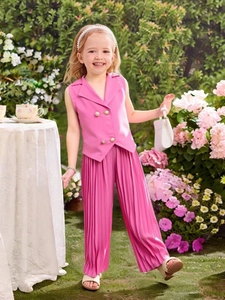 Girls stylish rose pink sleeveless vest and pleated wide-leg trousers two-piece outfit