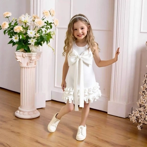 Detail of white sleeveless princess dress featuring a large bow and ruffled skirt layers