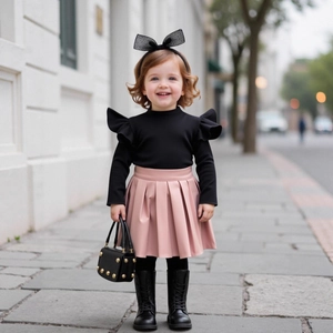 Detail of girls' black ribbed top with ruffle shoulders and pink pleated faux leather skirt