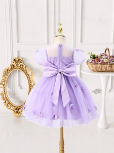 Purple girls mesh dress with 3D butterflies and big back bow, elegant princess party gown