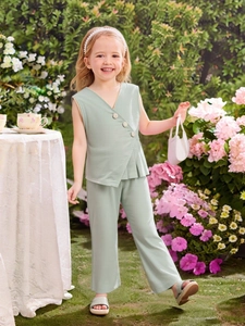 Girls' light green sleeveless top and straight trousers two-piece summer leisure outfit