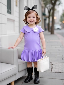 Girls' purple bubble dress with Peter Pan collar and floral applique outdoor summer style