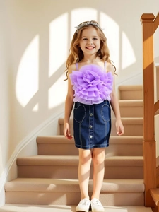 Ensemble haut à fleurs violettes et jupe en jean avec poches cœur pour fille