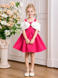 Girls Elegant Princess Party Dress Polyester Solid Color Bow Pleated Formal Gown For Kids Hosting Piano Performance Ceremony