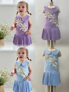 Girls sleeveless pleated princess dress with floral accents and lace Peter Pan collar