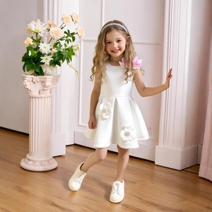 Détails des fleurs 3D roses sur une robe princesse blanche en ligne A pour filles