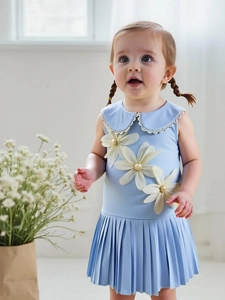 Sleeveless light blue pleated dress for girls featuring lace collar and 3D mesh flowers