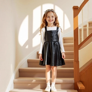 Détails de la robe à bretelles en similicuir noir pour filles avec grands boutons ronds