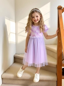 Girls purple floral princess dress with puff sleeves and multi-layer tulle skirt for parties