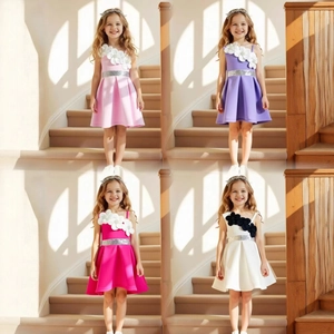 Collage of four colors of sleeveless one-shoulder girl dresses with 3D flower and sequins