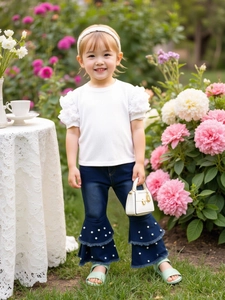 Girls Fashion Clothing Bubble Sleeve Rib Knit Top And Beaded Artificial Pearl Decoration Flare Denim Pants Summer Sweet Apparel