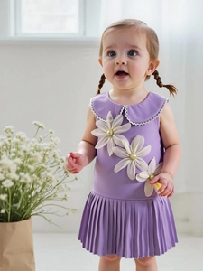 Girls Sweet Lavender Purple Sleeveless Pleated Dress Peter Pan Collar Lace Trim Floral Princess Dress For Party Everyday