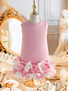 Girls Sleeveless 3D Floral Applique Princess Dress Polyester Sweet Party Gown For Performance Wedding Kids Apparel