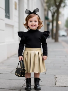 Girls Autumn Winter Ruffle Ribbed Knit Mock Neck Top And Pleated PU Leather Skirt Fashion Kids Two Piece Outfit Set