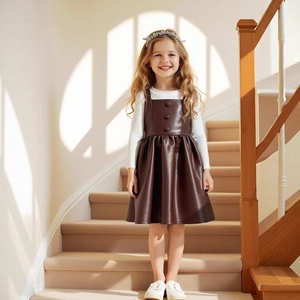Détail d'une robe chasuble en similicuir marron avec haut blanc côtelé pour fille