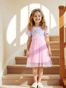 Pink puffy sleeve dress for girls with 3D colorful flowers and layered mesh tutu skirt