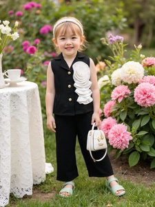 Ensemble de Vêtements Mode pour Filles Haut Gilet Sans Manches et Pantalon Long Avec Décoration de Fleurs 3D Été