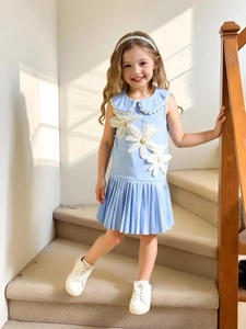 Girls light blue sleeveless pleated dress with daisy appliques and lace collar
