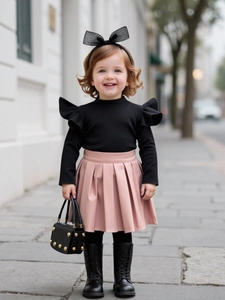 Girls long sleeve ribbed top and pink pleated leather skirt two piece autumn set