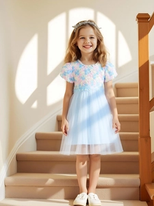 Girl summer princess dress featuring floral 3D appliqués and blue layered tulle skirt