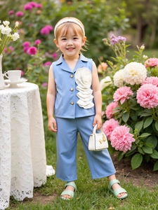 Ensemble gilet bleu sans manches pour fille avec fleur 3D et pantalon assorti