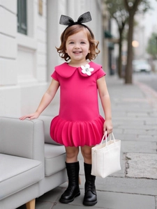 Girls bubble sleeve princess dress in peach pink with floral collar and puff skirt