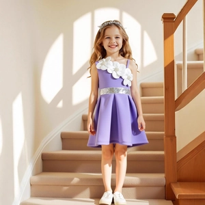 Detail of light purple one-shoulder girl dress with white floral appliques and silver belt