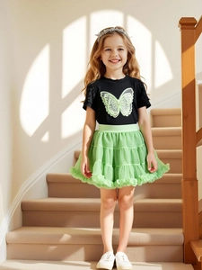 Ensemble t-shirt papillon et jupe tutu verte pour filles, tenue d'été tendance