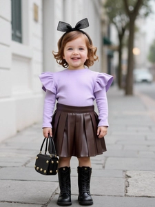 Girls purple knit long sleeve top and brown faux leather pleated skirt two-piece outfit set